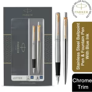 Image of Parker Jotter Ballpoint Pen & Fountain Pen Gift Set Stainless Steel Blue Ink