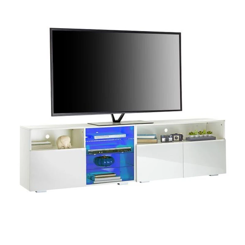 Image of Moderna White TV Stand 200cm with LED Lights, Storage Shelves, Soundbar Shelf 55cm White Unisex