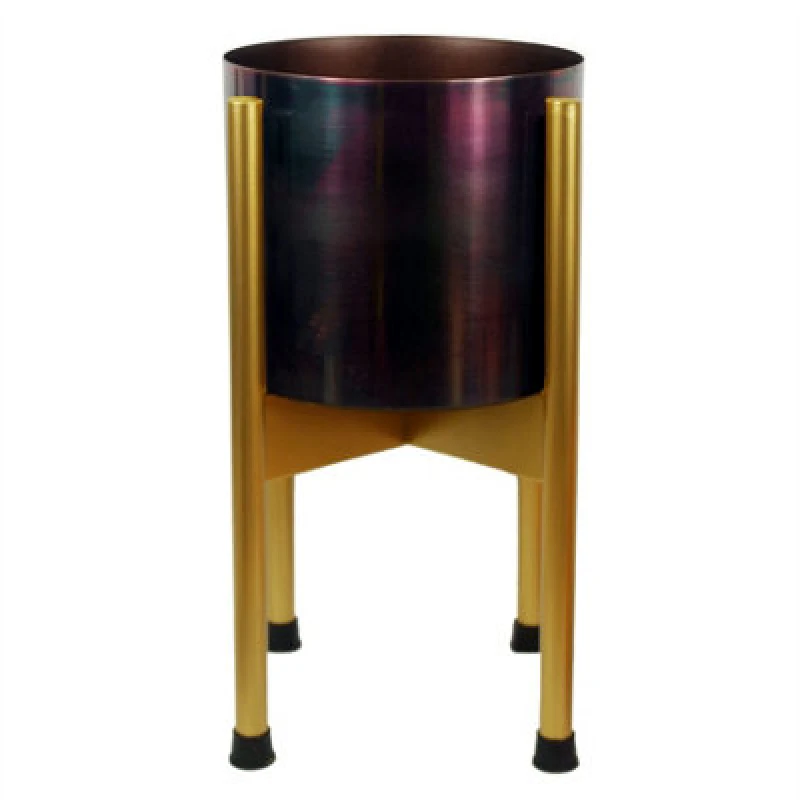 Image of Leaf Medium Gold Stand With Iridescent Rainbow Metal Planter 38.5Cm X 18Cm