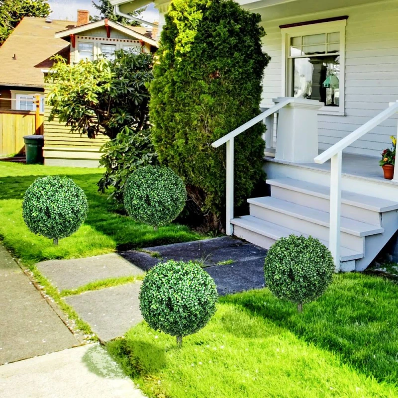 Image of HOMCOM Set of 2 Artificial Boxwood Topiary Trees with Ground Stake in Green Green Unisex