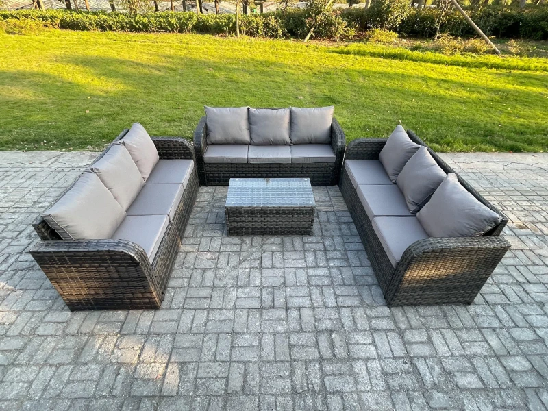 Image of Fimous Rattan Lounge Sofa Set 9 Seater Outdoor Garden Furniture Set with Rectangular Coffee Table 3 Seater Sofa Dark Grey Mixed Dark Grey