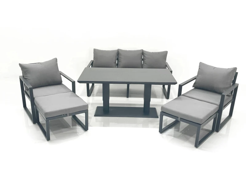Image of Fimous Outdoor Aluminium Garden Furniture Set with Adjustable Rising Lifting Dining Table 3 Seater Sofa 2 Chair 2 Big Footstools Dark Grey Dark Grey U
