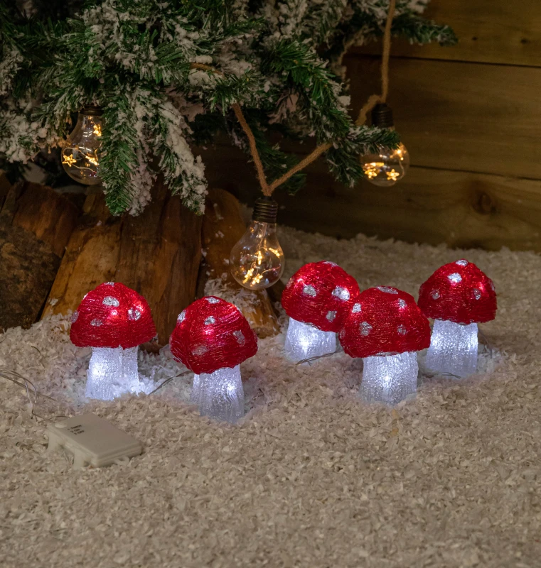 Image of Set of 5 Battery Operated Red & White Acrylic Christmas Mushrooms with Cool White LEDs