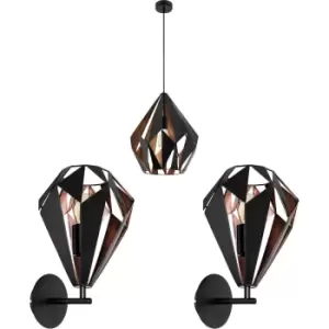 Image of Ceiling Pendant & 2x Matching Wall Lights Black & Copper Shard Geometric Shade