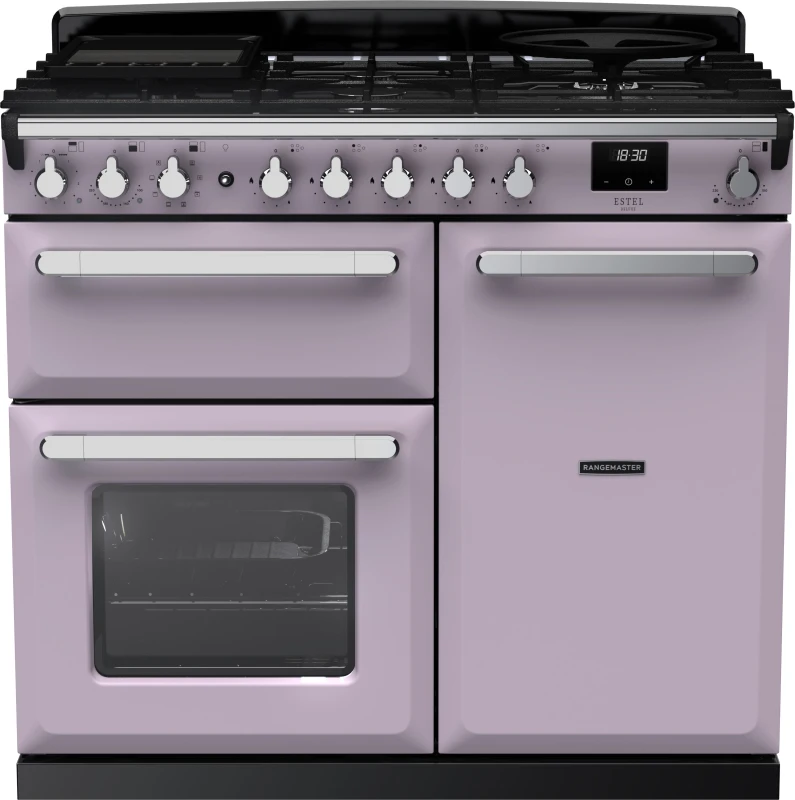 Image of Rangemaster Estel Deluxe ESDL100DFPHTH/CM1 100cm wide Dual Fuel Range Cooker with Gas Hob - Heather / Chrome - A/A Rated