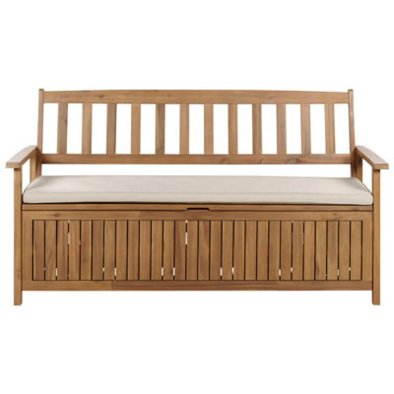 Image of Beliani Garden Bench With Cushion Sovana 160 Cm With Storage Acacia Wood Taupe