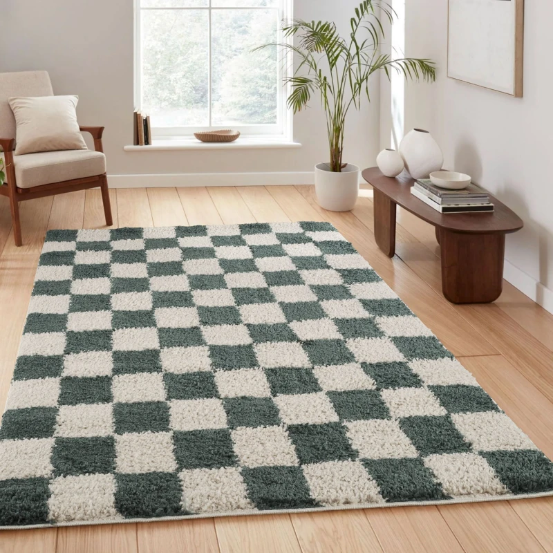 Image of Chester Living Room Shaggy Area Rug Modern - Contemporary Checkered Design - Hallway Runner Indoor Rug Jade Green 160X230 Cm