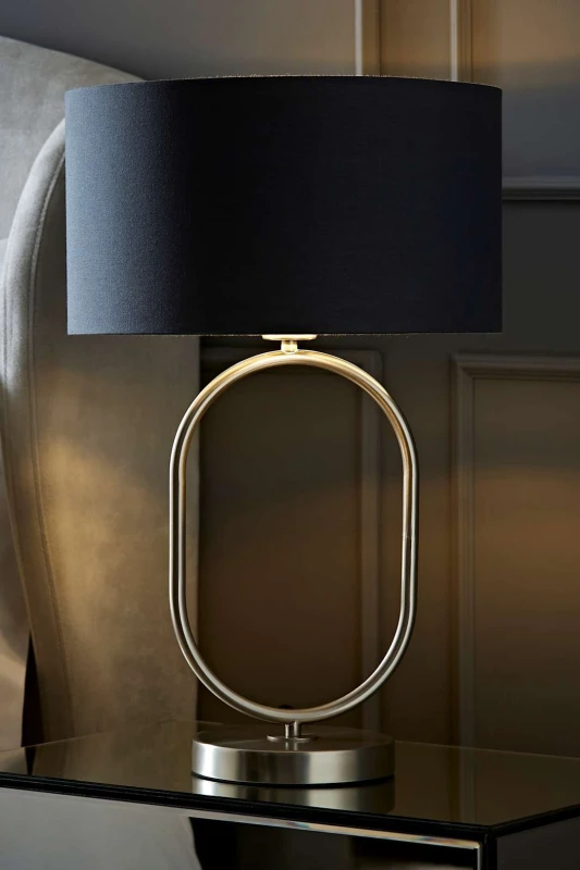 Image of ValueLights ValueLights Antonia Fabric with Chrome Drum Shade Brushed Chrome Oval Table Lamp in Charcoal Charcoal One Size Unisex 5059406064760