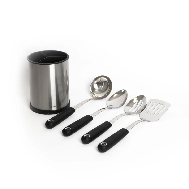 Image of Masterclass 5pc Stainless Steel Utensil Set with Cooking Spoon, Slotted Spoon, Slotted Turner, Ladle and Utensil Holder Metallics