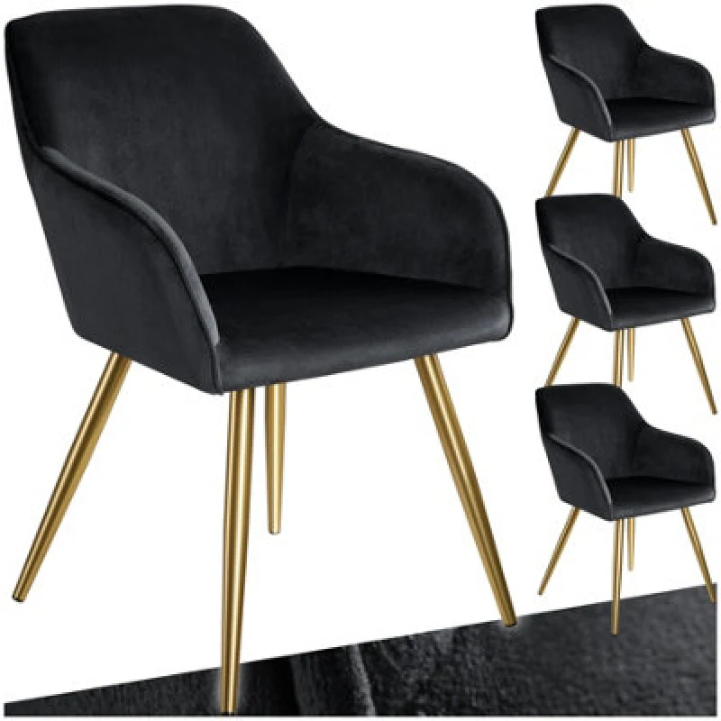 Image of Tectake Set Of 4 Chair Marilyn With Velvet Cover, Gold Steel Legs And Plush Padding - Black/gold