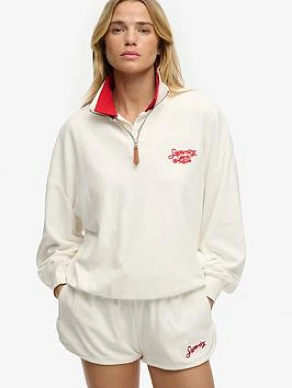Image of Superdry Womens zip-up crew neck sweatshirt Superdry Heritage Beige Female M
