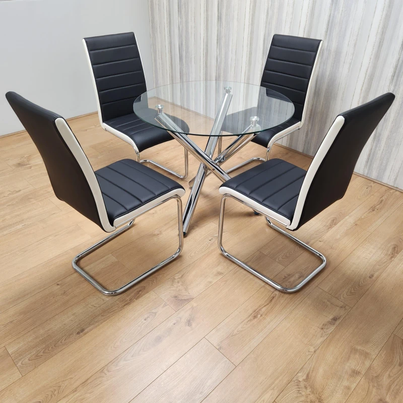 Image of KOSY KOALA Round Chrome Metal and Clear Glass Dining Table and 4 Stylish Black White Faux Leather Dining Chairs Set Multi