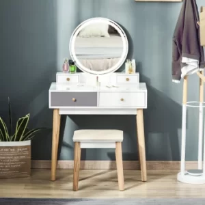 Image of HOMCOM Makeup Vanity Table Set with Round Mirror, Built-in 3 Color LED Light, Dressing Desk with 4 Drawers and Cushioned Stool for Bedroom, Grey