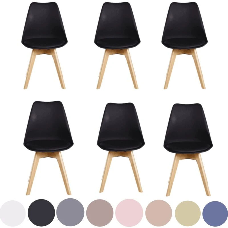 Image of Life Interiors Life Interiors Set of 6 Scandinavian Dining Chairs Leather Cushions Solid Wood Legs in Black One Size Unisex 5060734514575