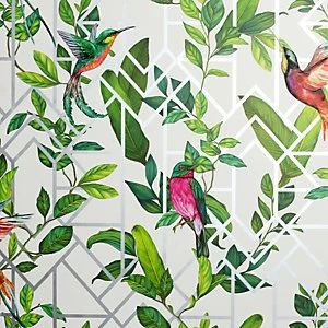 Image of Arthouse Deco Tropical White Multi Wallpaper 10.05m x 53cm