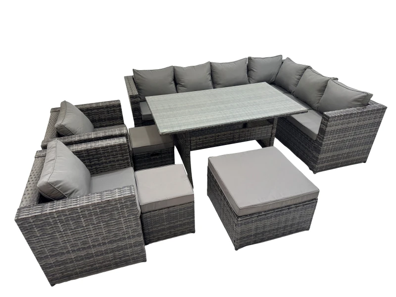 Image of Fimous 11 Seater Patio Dining Corner Sofa Sets with 2 Chairs 3 Stools in Dark Grey Dark Grey Unisex