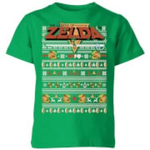 Image of Nintendo Legend Of Zelda Pattern Kid's Christmas T-Shirt - Kelly Green - 11-12 Years
