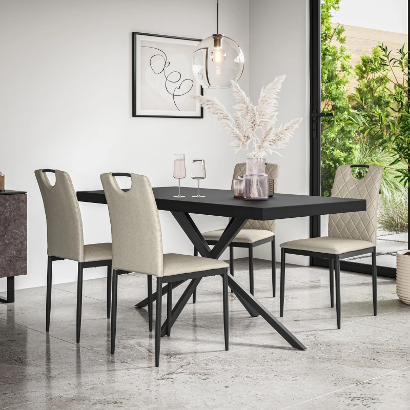 Image of More4Homes Donni Dining Table And Chairs - Black Table Top W Black Legs + Monza Linen Dining Chair Set Of 6 (Beige)