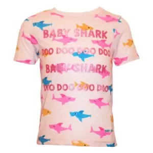Image of Baby Shark Girls Glitter All-Over Print T-Shirt (3-4 Years) (Pink)