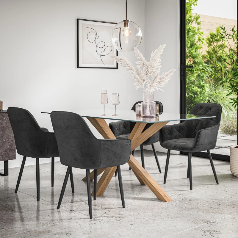 Image of More4Homes Etta Glass Dining Table And Chairs - Glass Top W Solid Oak Legs + Anika Velvet Dining Chair Set Of 6 (Black)