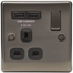 Image of BG Nexus Metal Black Nickel Single 1 Gang Plug Socket with 2 x USB Outlets Black insert 13A - NBN21U2B