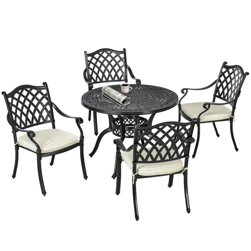 Image of Outsunny Premium Cast Aluminium Outdoor Dining Set 4 Seater with Cushions & Umbrella Hole