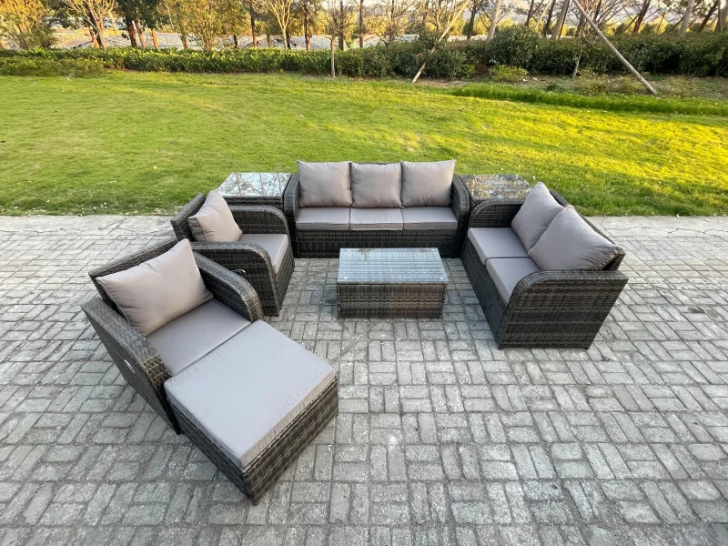 Image of FIMOUS Fimous 8 Seater Rattan Wicker Garden Furniture Patio Conservatory Sofa Set with Rectangular Coffee Table 3 Seater Sofa Love Sofa Big Footstool
