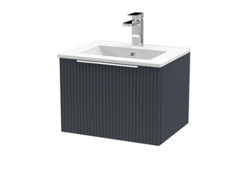 Image of Hudson Reed Fluted Wall Hung 1-Drawer Vanity And Minimalist Basin, Contemporary Sink Vanity Unit, Soft Black