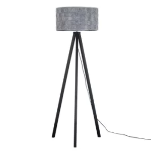 Image of Barbro Black Wood Tripod Floor Lamp with XL Grey Monza Shade