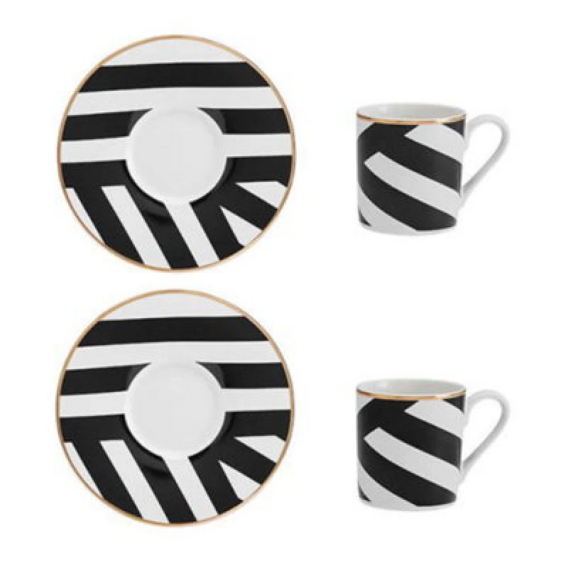 Image of Mikasa Luxe Deco Geometric Stripe China Espresso Cups and Saucers, Set of 2, 100ml Black