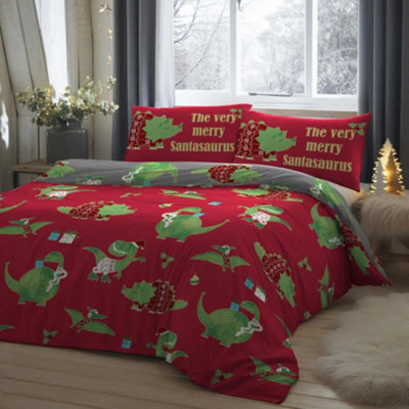 Image of Bedlam 'Santasaurus' Christmas Glow in the Dark Bedroom Duvet Cover Set Red