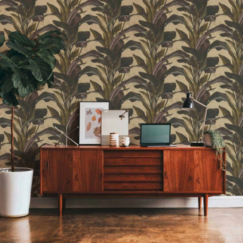Image of A.S. Creation Botanical Garden Plant Leaf Leaves Trail Vinyl Brown Gold Black Wallpaper Brown