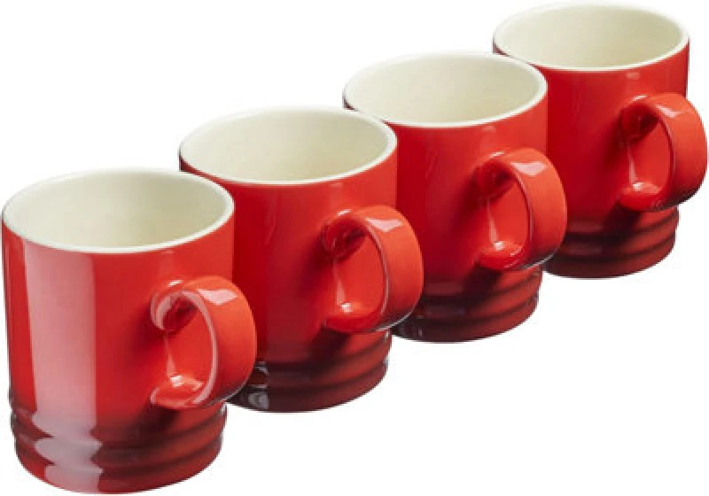 Image of Cooks Professional Set Of 4 Colourful Stoneware Mugs - Tea Coffee Drinking Cups 350Ml Capacity - Dishwasher & Microwave Safe - Red