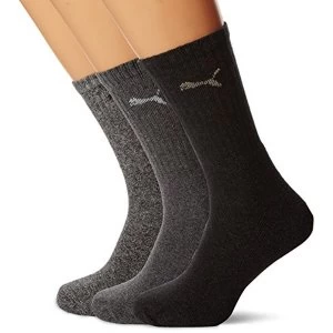 Image of Puma Sports Socks Unisex Crew (3 Pair Pack), Anthracite Grey, UK Size 12-14
