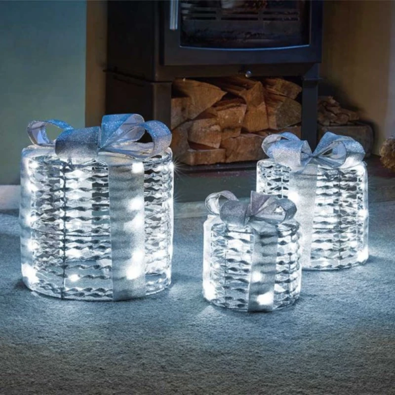 Image of Set of 3 Battery Operated Silver Christmas Glitter Twist Gift Boxes with Cool White LEDs