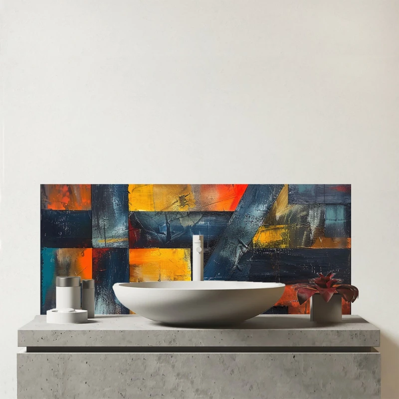 Image of Warren Reed - Designer Geometric Interplay: Abstract Patterns Glass Bathroom Splashback Multicolor Unisex