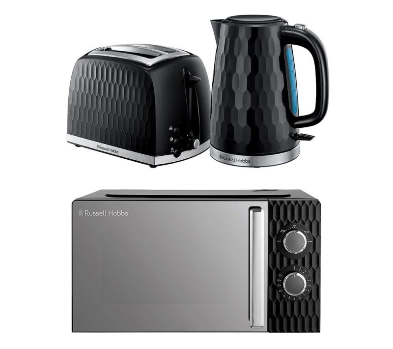 Image of Russell Hobbs Honeycomb Solo Microwave, Jug Kettle & 2-slice Toaster Bundle - Black 5056233840482