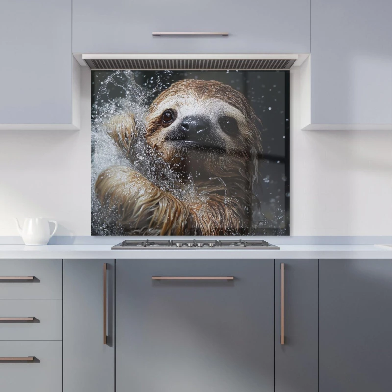 Image of Warren Reed - Designer Gleeful Sloth Splashart Kitchen Splashback in Blue Size: 600mm x 650mm Blue Unisex 600mm x 650mm