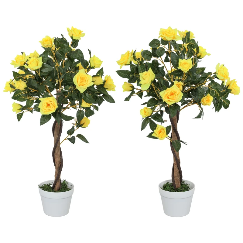 Image of Outsunny Set of 2 90cm Artificial Rose Tree - Fake Decorative Plant - Yellow and Green TJ Hughes 5061025081752