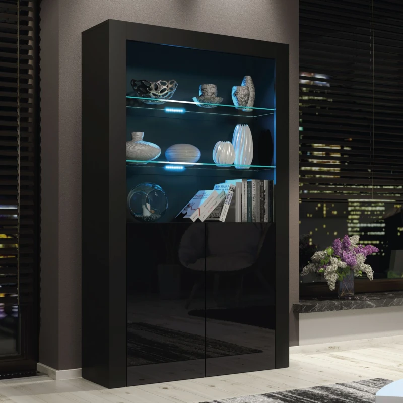 Image of Mex Furniture LTD Display Cabinet with LED Lights & Gloss Doors / 170cm Black
