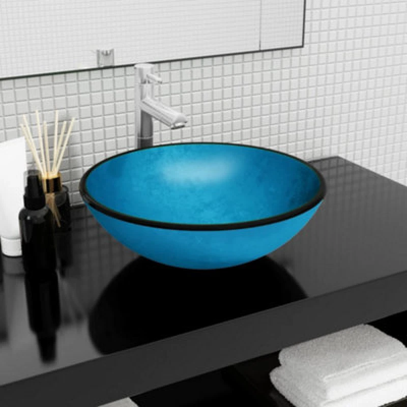 Image of Vidaxl Basin Tempered Glass 42X14cm Blue