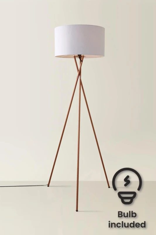 Image of ValueLights ValueLights Camden Copper Metal Tripod Floor Lamp with Drum Lamp Shade and Bulb in Grey Grey One Size Unisex 5055759993238