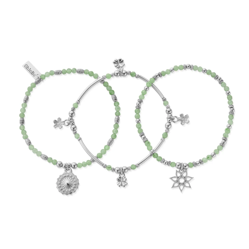 Image of ChloBo Lucky Silver Aventurine Set Of Three Bead Bracelets SBSTA3A Green female