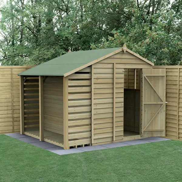 Image of 8' x 6' Forest 4Life 25yr Guarantee Overlap Pressure Treated Apex Wooden Shed with Lean To (2.42m x 2.65m)