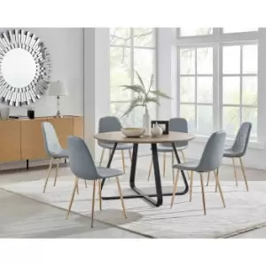 Image of Furniture Box Santorini Brown Round Dining Table and 6 Grey Corona Gold Leg Chairs