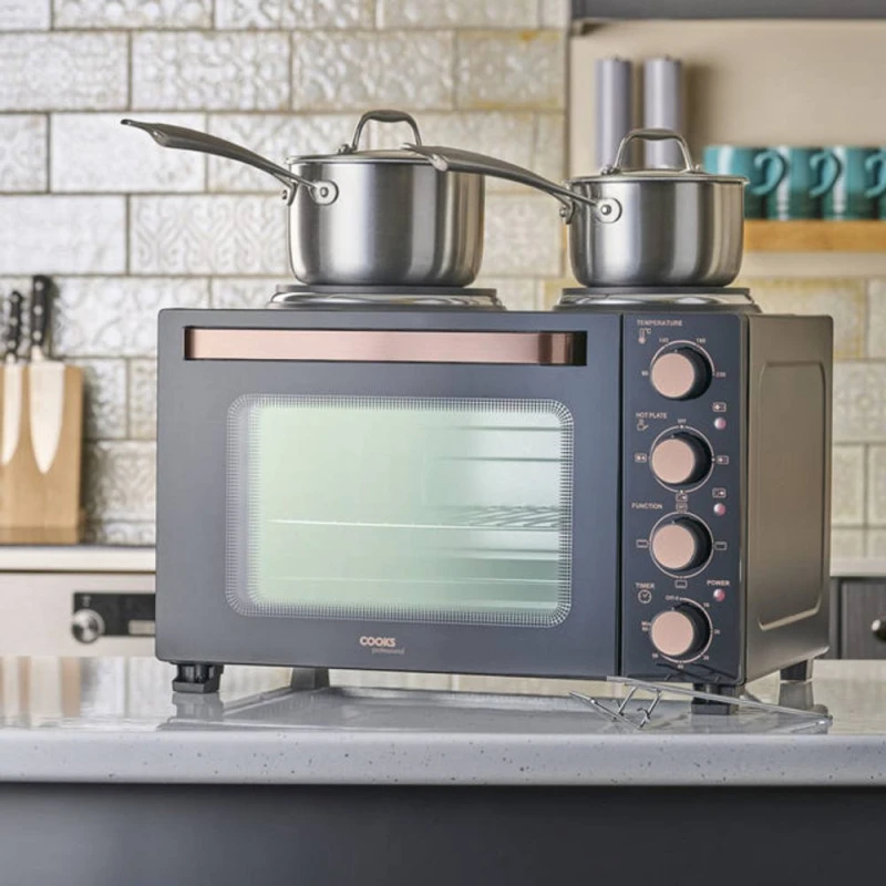 Image of Cooks Professional 28L Mini Oven with 2 Hobs - Electric Multifunction Countertop Cooker in Copper Copper Unisex