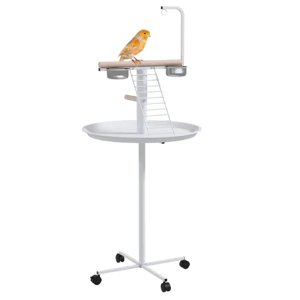 Image of Bird Table with Four Wheels, Perches, Stainless Steel Feed Bowls, Round Tray
