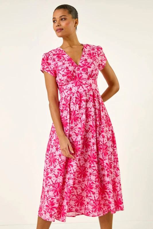 Image of Roman Womens Floral Print Midi Tea Dress in Pink Size: 20 Pink Female 20