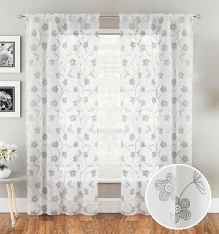 Image of Tyrone Textiles Pair Of Sienna Grey Floral Paste Print Patterned Voile Panels With Rod Pocket Header 122 Cm
