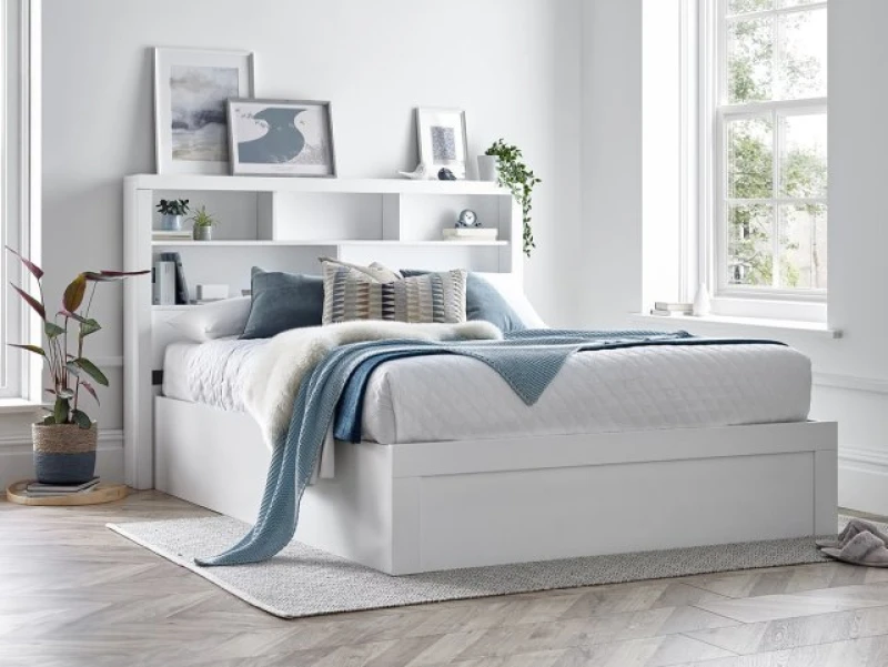 Image of Bedmaster Arizona Wooden Bookcase Ottoman Storage Bed White